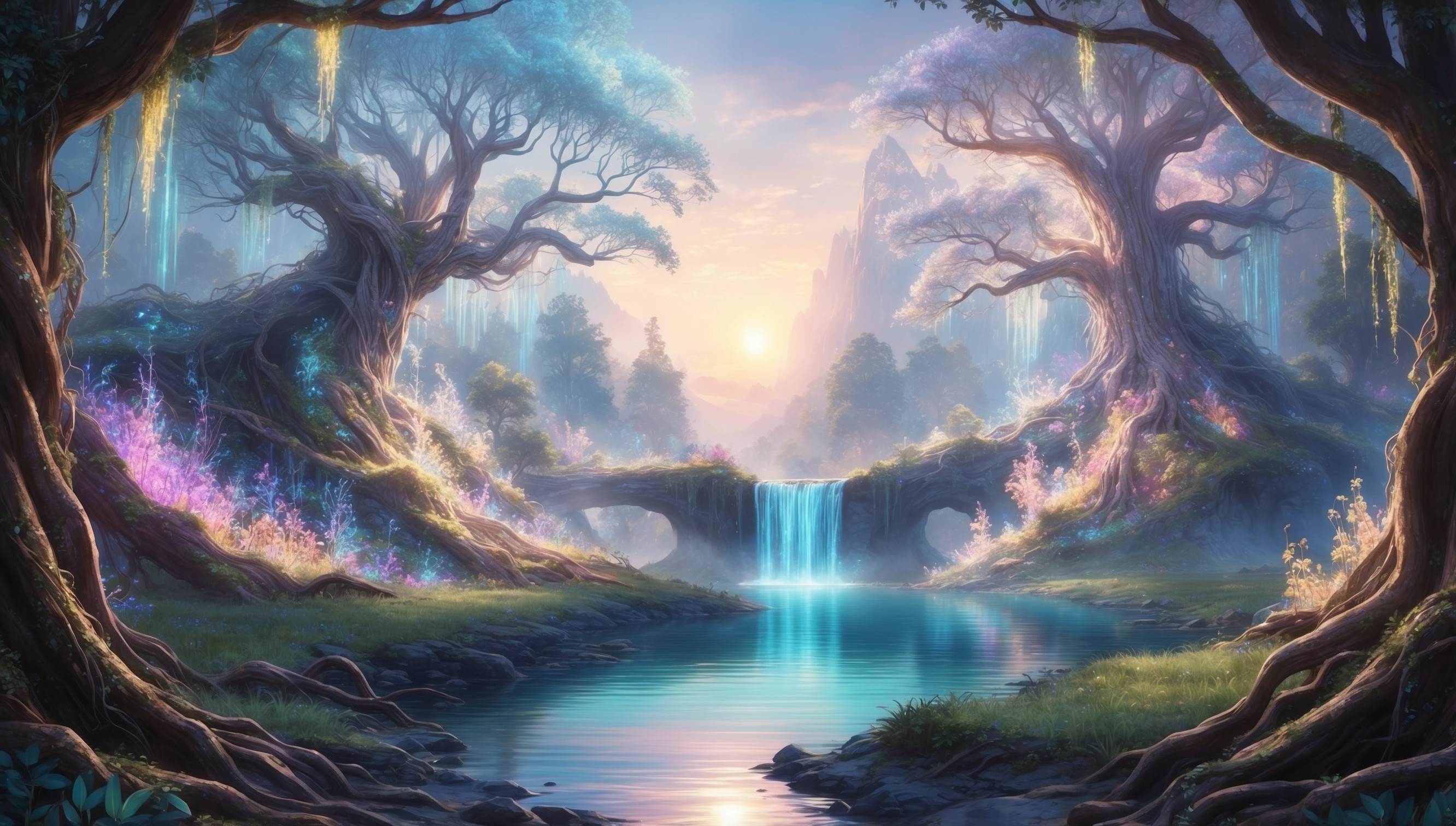 A mystical, vibrant landscape from the Everwild game, featuring a majestic, ethereal forest with glowing, iridescent flora and towering, ancient trees that stretch towards the sky, their branches tangled with soft, luminescent vines. In the distance, a misty, shimmering waterfall cascades into a serene, crystal-clear lake, reflecting the warm, golden light of a setting sun. The atmosphere is tranquil, with subtle, shimmering mist and a sense of wonder, as if the forest is alive and waiting to be explored. The color palette is a mix of soft pastels, blues, and purples, with accents of warm gold and green, evoking a sense of magic and discovery. The image is framed by twisted, gnarled tree roots and overgrown foliage, with subtle, intricate details that invite the viewer to step into the enchanting world of Everwild.