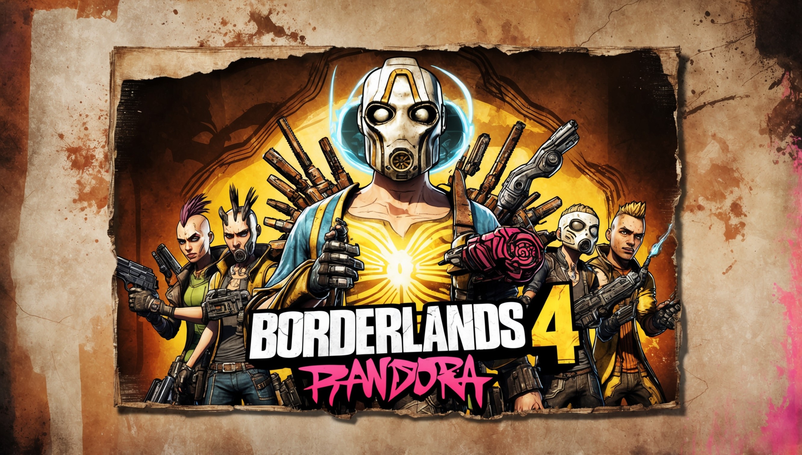 A gritty, high-octane illustration of the Borderlands 4 game cover, set against a worn, distressed background with a mix of earthy tones and neon hues, evoking a sense of post-apocalyptic chaos and high-tech adventure. The iconic Vault symbol, rendered in metallic silver and crimson, takes center stage, surrounded by the worn, weathered edges of a old, tattered poster. In the foreground, a group of gun-toting, wisecracking Vault Hunters, each with unique, exaggerated features - one with a robotic arm, another with a punk-rock mohawk - stand back-to-back, ready to take on the dangers of Pandora. The title "Borderlands 4" is emblazoned in bold, graffiti-style letters, with a subtle, gradient effect that shifts from oranges to pinks, capturing the game