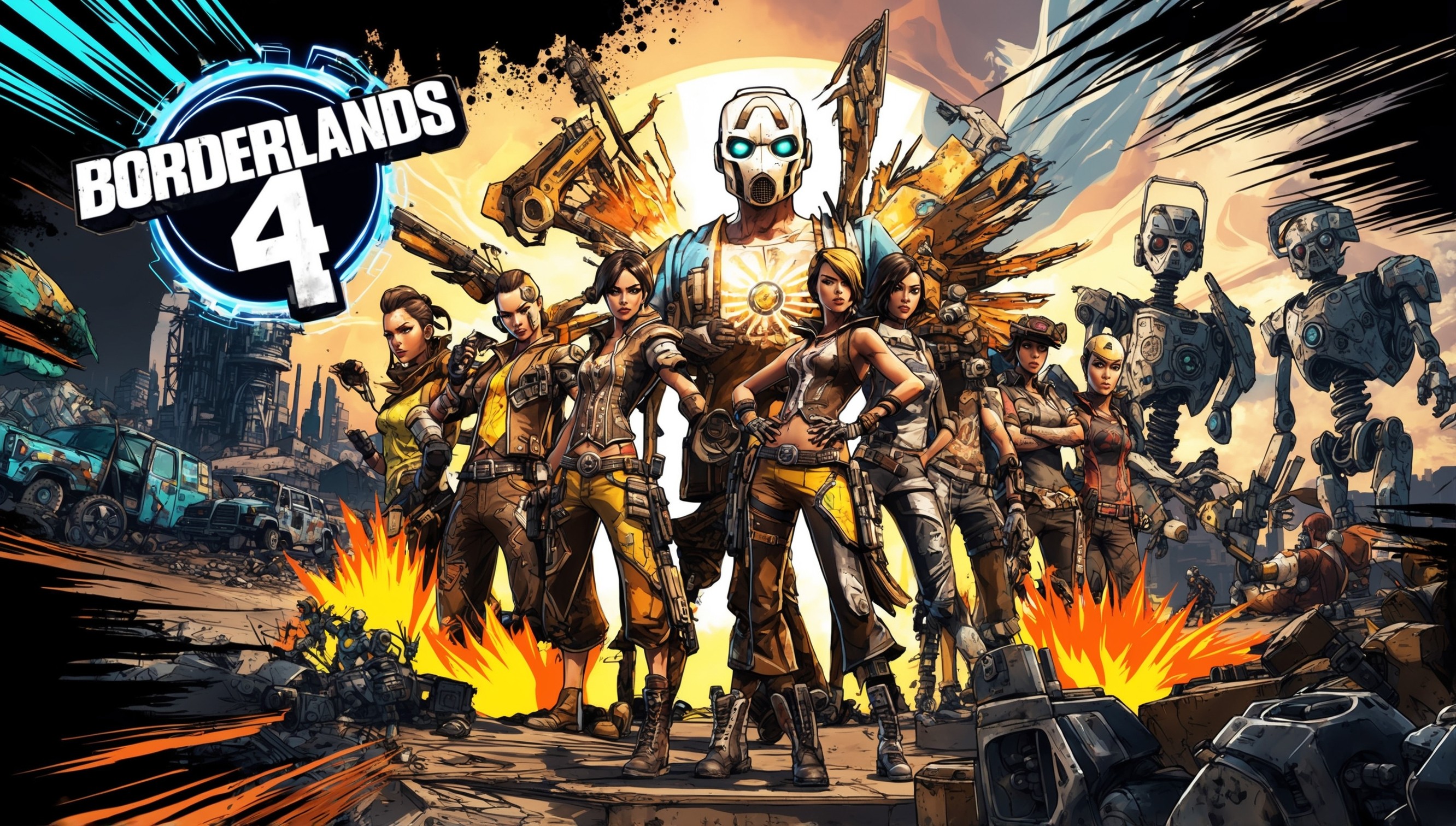 A vibrant, high-octane illustration of the Borderlands 4 game, showcasing a mixture of gritty, post-apocalyptic landscapes and futuristic technology. In the foreground, a group of diverse, stylized characters with unique facial features and skin tones, each dressed in intricately detailed outfits, stand defiantly against a backdrop of ravaged cityscapes, abandoned vehicles, and towering robots. The color palette explodes with neon blues, fiery oranges, and metallic silvers, blending seamlessly with muted earth tones and dark shadows. The composition is dynamically framed, with bold lines, explosive action, and dramatic lighting, evoking a sense of fast-paced chaos and high-stakes adventure. In the top-left corner, the bold, metallic logo of Borderlands 4 dominates the scene, with the game's title emblazoned in a futuristic, sans-serif font.