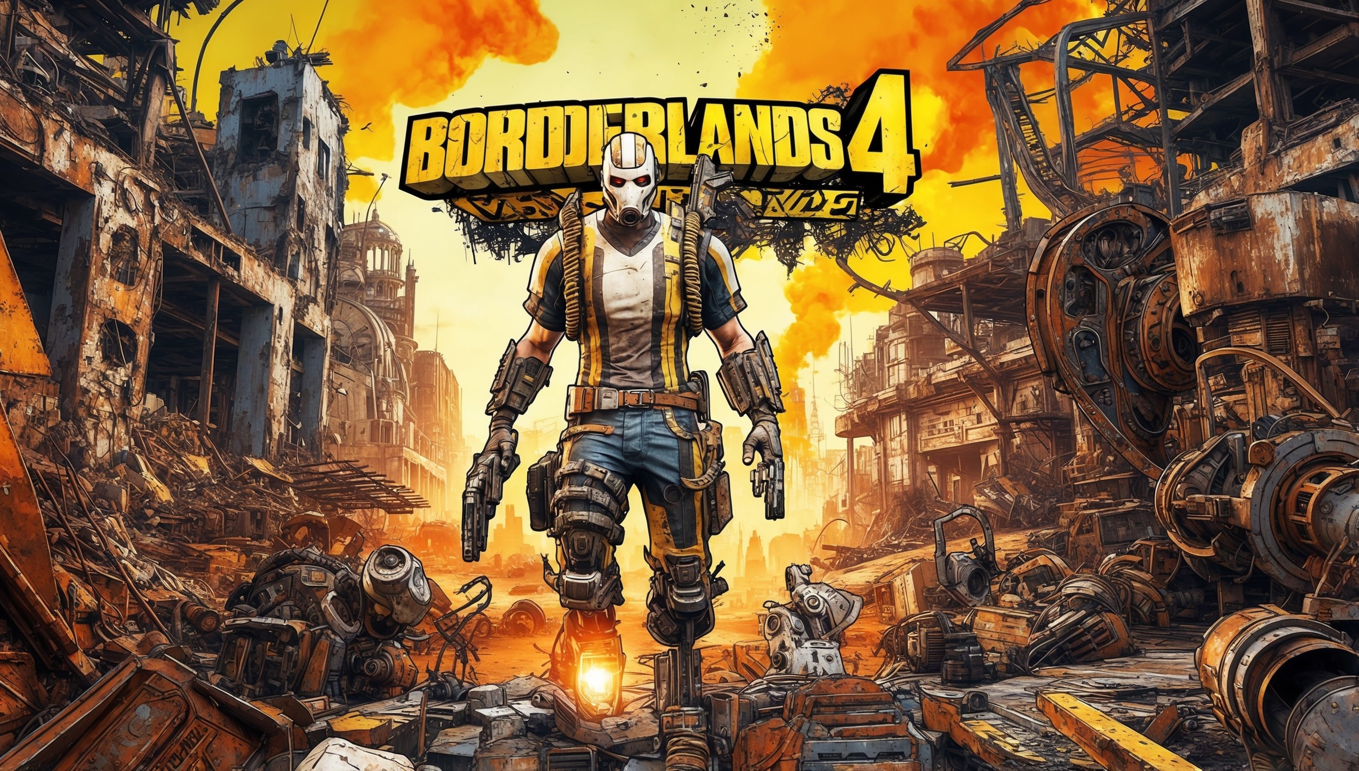 A vibrant, futuristic, and gritty illustration of a dystopian world, set in a post-apocalyptic wasteland, inspired by the Borderlands 4 game, with a rugged, battle-hardened Vault Hunter standing heroically in the center, surrounded by a worn, rusted, and abandoned cityscape, with crumbling buildings, twisted metal, and broken machinery, amidst a background of toxic orange and yellow haze, with a sense of intense action and conflict, featuring a mix of realistic and stylized elements, with bold lines, sharp textures, and dynamic lighting, showcasing the Vault Hunter's intricately designed armor, weapons, and gear, with a focus on conveying a sense of adventure, danger, and rebellion.