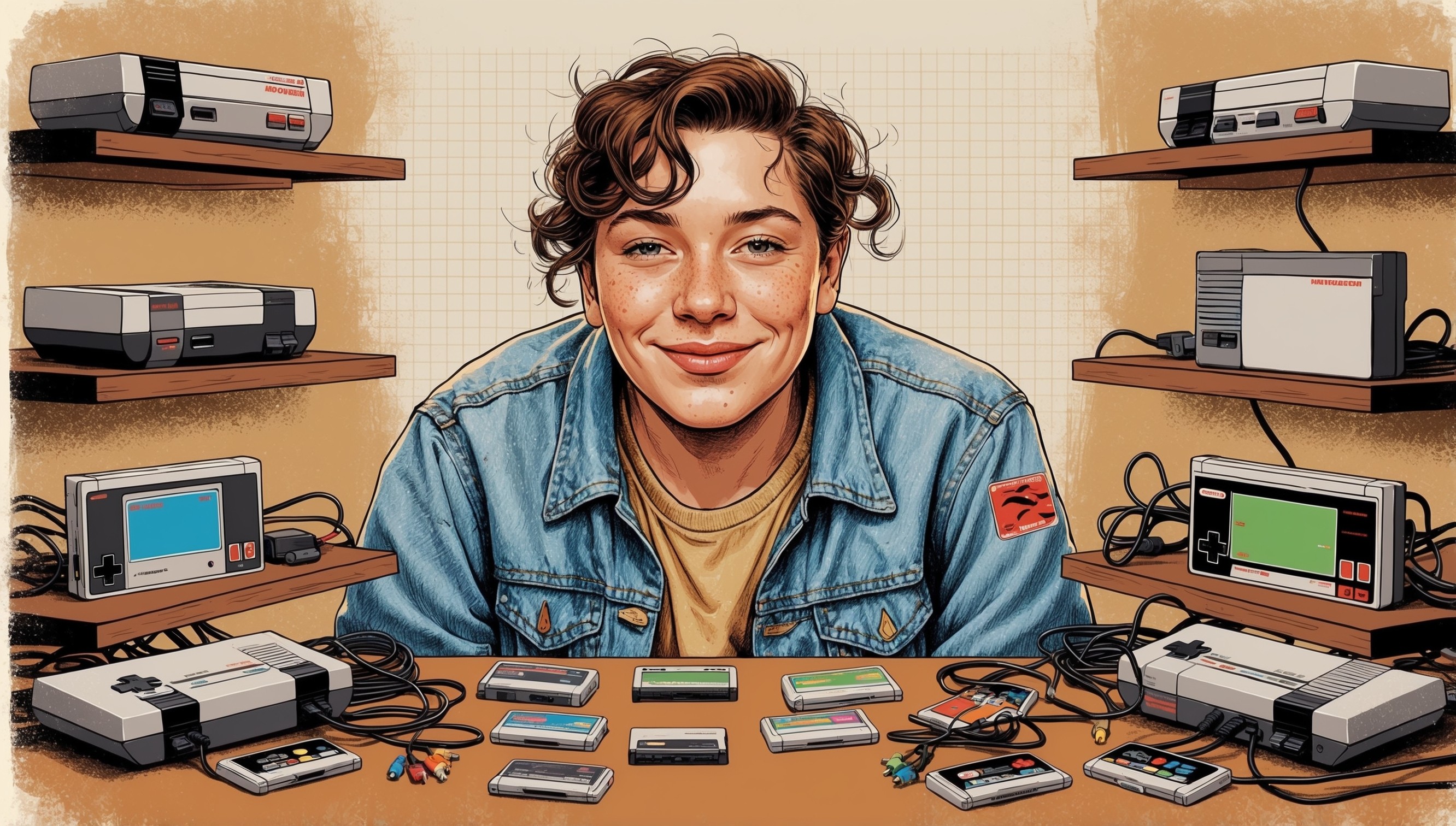 A vintage-inspired illustration of a person surrounded by nostalgic video game consoles, cartridges, and controllers, with a subtle warm glow, evoking a sense of nostalgia and retro charm. The person, likely a gamer or collector, has a gentle smile and a focused expression, with a few strands of curly brown hair falling onto their forehead, and a sprinkle of acne on their cheeks. They wear a faded blue denim jacket with a few video game-themed patches, and their skin has a warm, golden undertone. The consoles and cartridges are arranged in a semi-circle around the person, with a few cables and wires strewn about, amidst a subtle background of wooden shelves and faint grid patterns. The color palette is dominated by earthy tones, with shades of brown, beige, and blue, and a hint of neon green and red accents. The overall style is a blend of digital and hand-drawn elements, with bold lines, textures, and subtle noise.