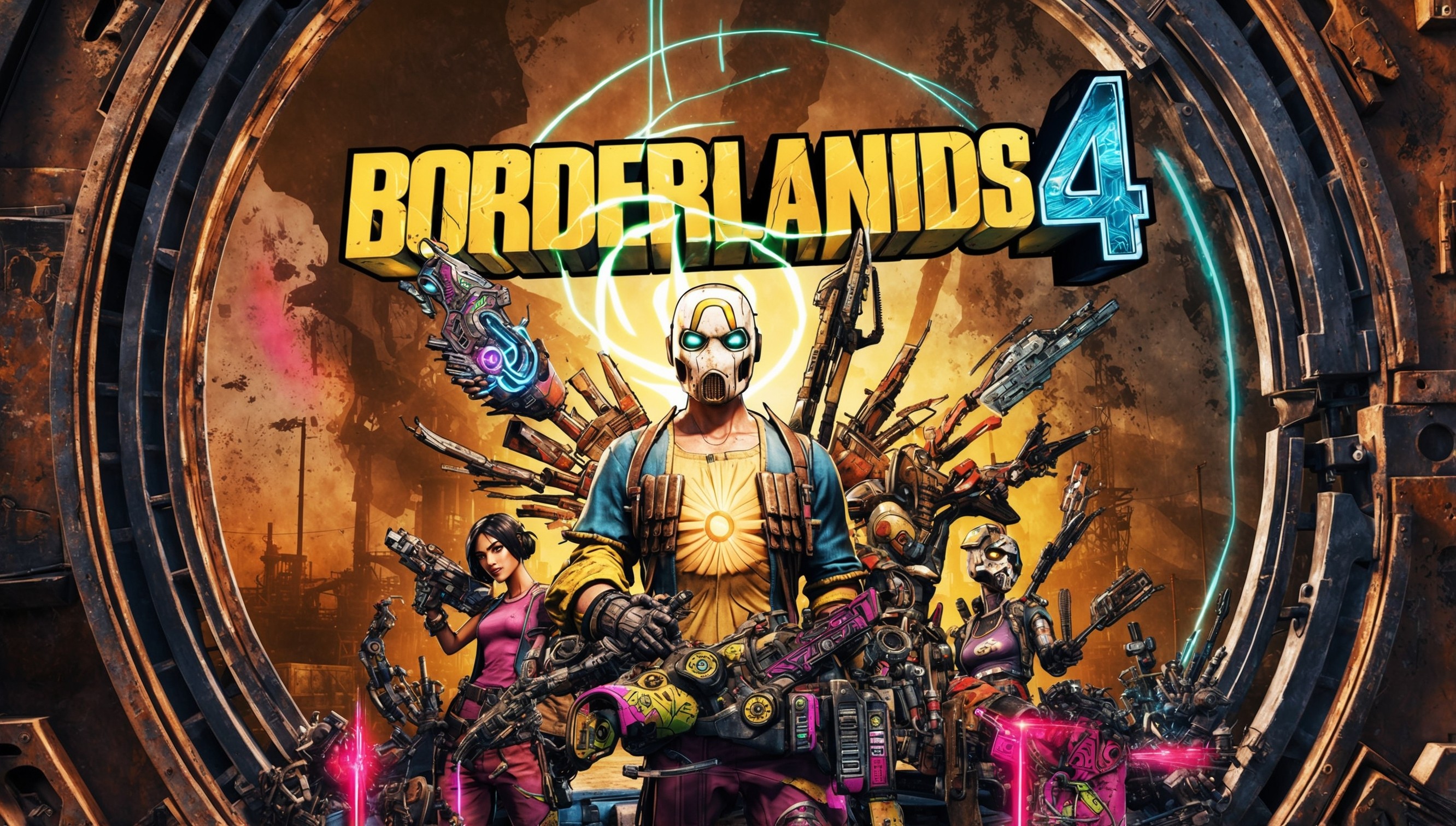 A vibrant, action-packed poster for Borderlands 4, featuring a stunning, high-contrast illustration of the game's iconic protagonists, sporting bold, futuristic attire and an array of fantastical weaponry, set against a gritty, post-apocalyptic backdrop with a worn, industrial aesthetic, incorporating a blend of neon-lit accents and rusted metallic textures, with the game's title emblazoned across the top in bold, metallic lettering with a futuristic, high-tech feel, surrounded by subtle, intricate details and subtle, glowing Easter eggs hidden throughout the composition, capturing the essence of the series' irreverent humor and over-the-top style.