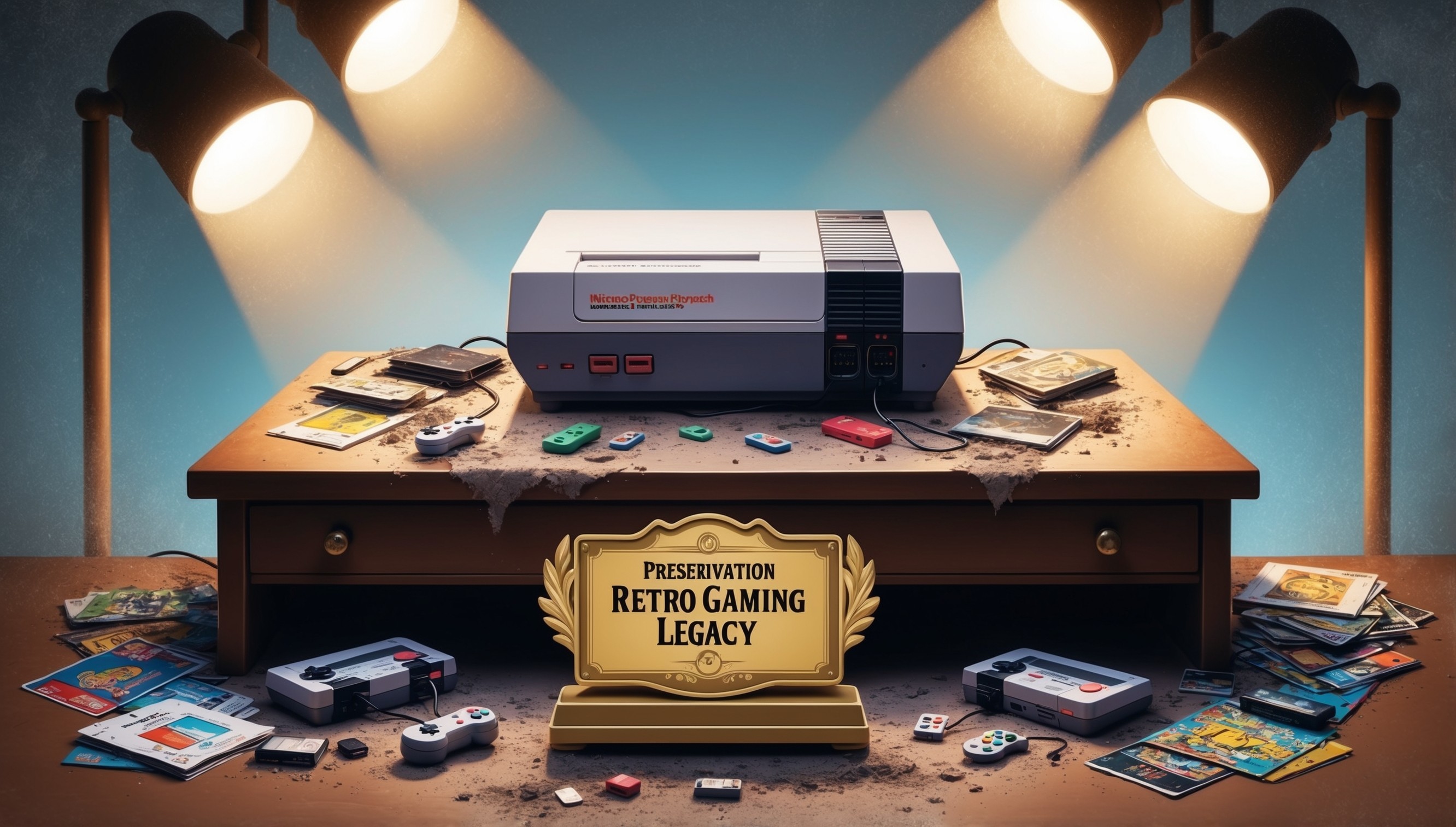 A nostalgic and retro-inspired illustration featuring a vintage video game console, such as a Nintendo Entertainment System or Sega Genesis, sitting atop a wooden desk with a scattering of old game cartridges, controllers, and dusty game manuals, surrounded by faintly lit, warm-toned spotlights, evoking a sense of archival preservation, with a subtle, gradient blue background to represent the passage of time, and in the foreground, a small, ornate, golden trophy or plaque with the words 