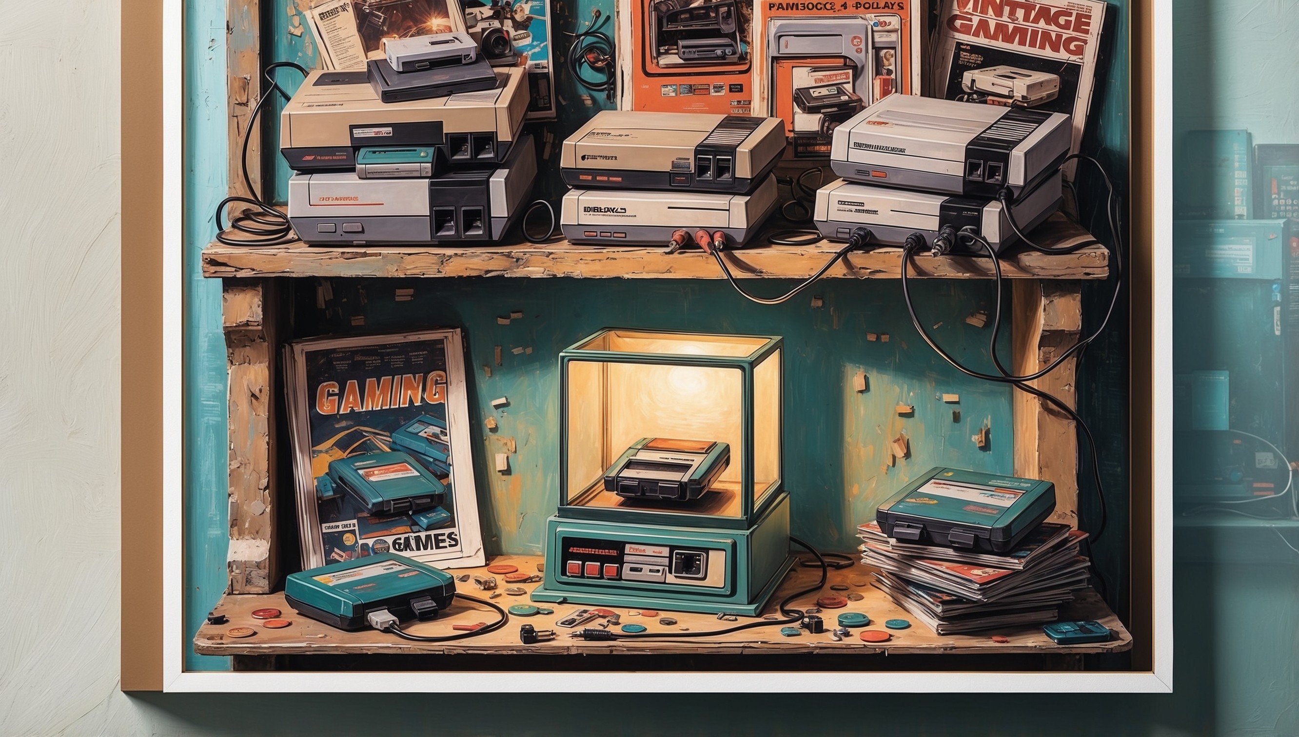 A nostalgic and retro-themed illustration showcasing a collage of classic video game consoles, cartridges, and disks on a worn, wooden shelf, surrounded by vintage gaming magazines and posters, with a few scattered pixels and wires adding a touch of chaos. In the center, a small, ornate box with a glass front display case holds a single, preserved game cartridge, lit by a soft, warm light. The color palette is a mix of earthy tones, with shades of brown, beige, and teal, evoking a sense of nostalgia and retro futurism. The background is a subtle, gradient blue, resembling an old CRT screen. The overall style is a blend of digital painting and textured, hand-drawn elements, with bold lines and expressive brushstrokes. The illustration is framed by a thin, white border, with a subtle drop shadow, giving the impression of a framed print.