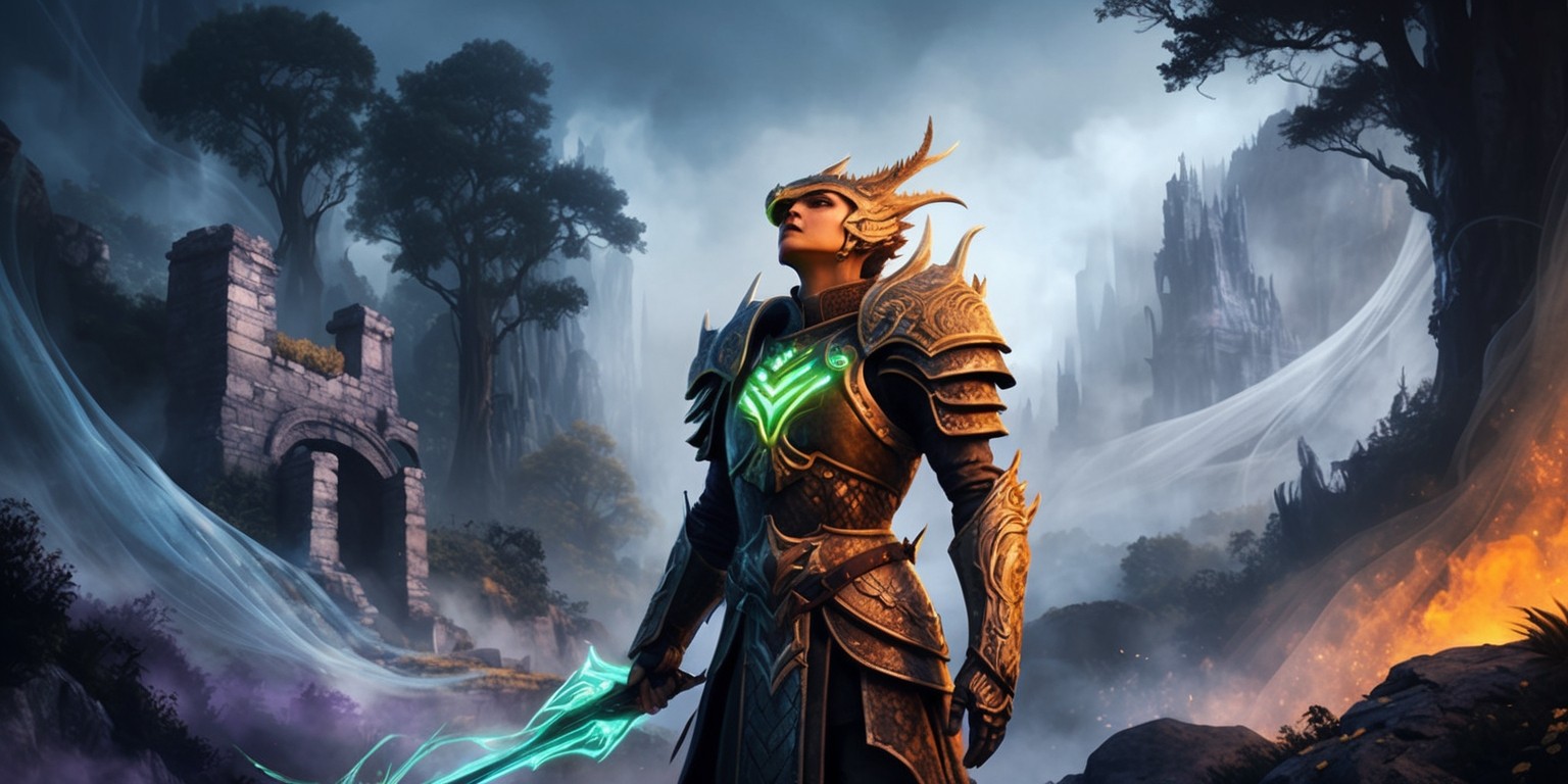 A sweeping, cinematic illustration of a fantastical world inspired by the Dragon Age franchise, set within the realm of The Veilguard game. The scene depicts a dramatic, mist-shrouded landscape with towering trees, crumbling stone structures, and wispy, ethereal veils of mist that evoke an otherworldly atmosphere. In the foreground, a heroic figure stands poised, clad in intricately detailed, ornate armor with a dragon-inspired helm, gazing upward with a determined expression. The armor is adorned with mystical, glowing runes that pulse with a soft, blue-green light. The character's skin has a warm, golden undertone, with subtle, weathered textures. The background is a muted palette of deep blues, purples, and grays, with hints of fiery oranges and yellows peeking through the mist. The overall aesthetic is dark, gothic, and mystical, with bold, dynamic brushstrokes and textures that evoke a sense of ancient, mystical power.