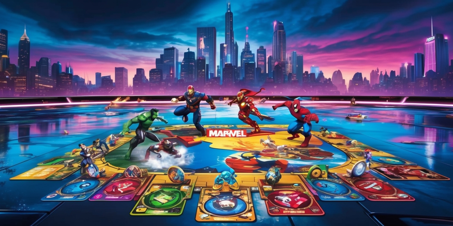 A dynamic illustration of the Marvel Rivals game, featuring a sprawling cityscape in the background with towering skyscrapers and neon lights reflecting off the wet pavement, set against a deep blue and purple gradient sky. In the foreground, a massive, bold, and colorful game board dominates the scene, with Marvel superheroes and villains engaged in epic battles. The characters are depicted in a stylized, comic book-inspired art style with vibrant colors and exaggerated facial features. The game pieces and cards are ornate and intricately designed, with metallic finishes and bold typography. The overall atmosphere is one of high-energy competition and excitement, capturing the essence of the Marvel Rivals game.