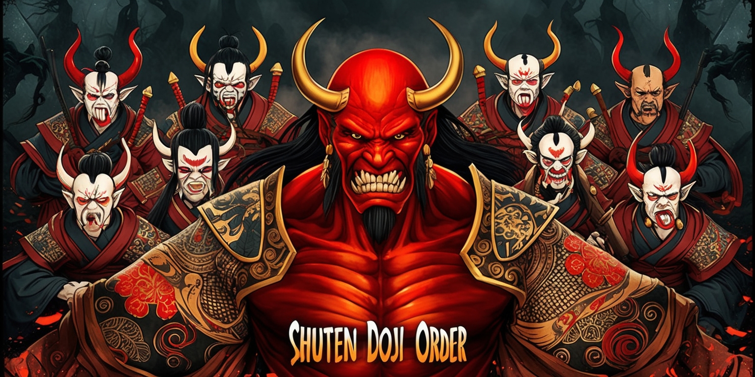 A vibrant illustration of the Shuten Doji Order from Japanese mythology, set against a richly detailed, dark fantasy background with muted colors, featuring the powerful Shuten Doji at the center, surrounded by his loyal oni minions, with intricate, traditional Japanese patterns and motifs integrated into their clothing and armor, the atmosphere tense and foreboding, with hints of fiery red and gold accents, Shuten Doji's facial features strong and menacing, his skin a deep, fiery red, with sharp teeth and horns, his eyes gleaming with fierce intensity, the oni minions varied in appearance, with different skin tones and horn shapes, all bearing unique, menacing attributes, the overall style reminiscent of classic Japanese ukiyo-e woodblock prints, with bold lines, dynamic composition, and a sense of movement and energy.