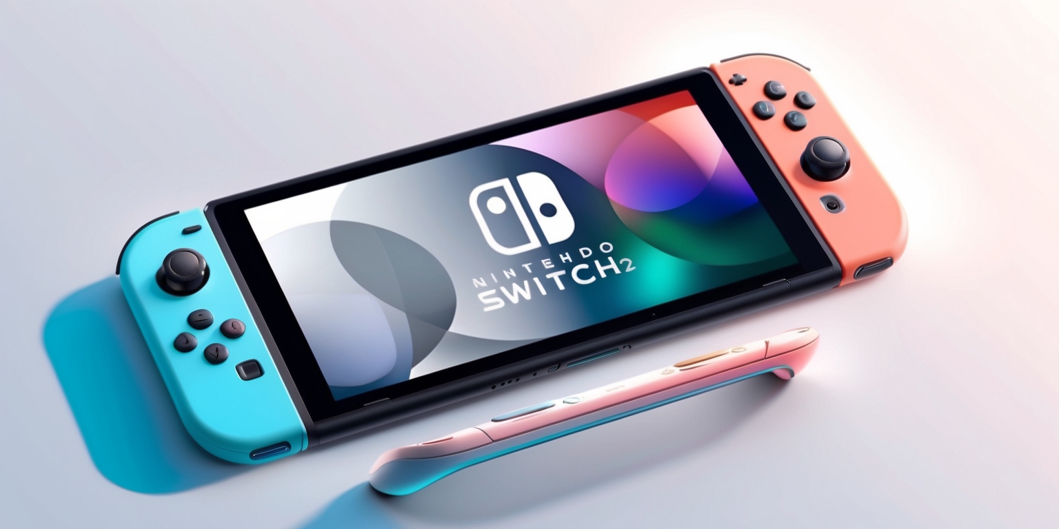 A sleek, modern, and minimalist illustration of the Nintendo Switch 2 console, centered and prominently displayed on a clean, white background, with soft, warm lighting that accentuates its curved edges and vibrant screen, showcasing its vibrant OLED display, with a subtle gradient of blues and whites, highlighting the console's futuristic design, featuring a pair of detachable Joy-Con controllers in a matching color scheme, with intricate details such as buttons, vents, and subtle textures, and a slender, curved kickstand that adds a touch of sophistication, with a subtle drop shadow that gives the console a sense of depth and dimensionality, and a overall aesthetic that is both futuristic and approachable.