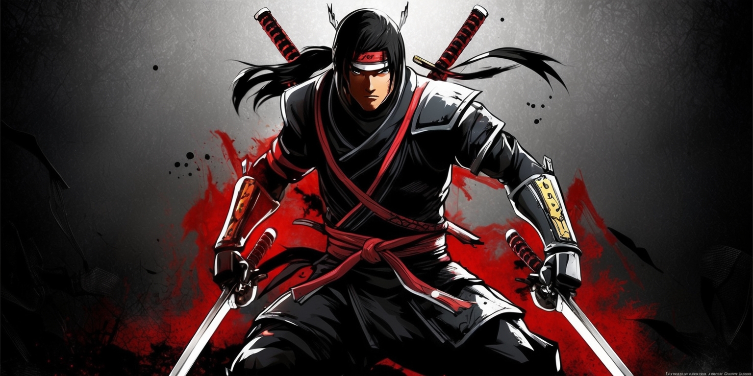 A dark, gritty, and intense video game artwork depicting Ryu Hayabusa, the main protagonist of Ninja Gaiden 2, in a bold and dynamic pose, with his iconic Dual Kusanagi swords at the ready, set against a dark, gradient background with subtle hints of fiery red and black flames, evoking a sense of power, stealth, and ancient mysticism, inspired by the game's dark fantasy and ninja mythology, rendered in a detailed, high-contrast, illustrative style, with bold lines, sharp shading, and vibrant colors, with a focus on dramatic lighting and intense action, capturing the game's fast-paced combat and dramatic storytelling.