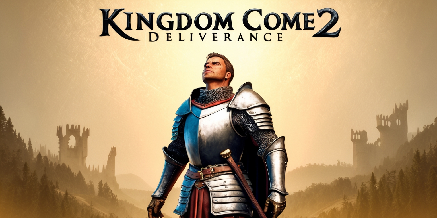 A majestic, medieval-inspired illustration depicting the potential cover art for Kingdom Come: Deliverance 2, a forthcoming open-world, action-role-playing game, set against a warm, golden background with subtle, earthy tones, evoking a sense of nostalgia and grandeur. In the foreground, a proud, armor-clad knight, with a strong, determined facial expression, gazing upward, his skin bearing a weathered, battle-hardened complexion, stands tall, surrounded by the faint, ghostly outlines of ruined castles, rolling hills, and dense forests, hinting at the game's expansive, open environments. The knight's armor, adorned with intricate, ornate details, shines with a soft, metallic sheen, while the game's title, Kingdom Come: Deliverance 2, is emblazoned across the top in bold, gothic-inspired lettering, with a sense of regality and sophistication.