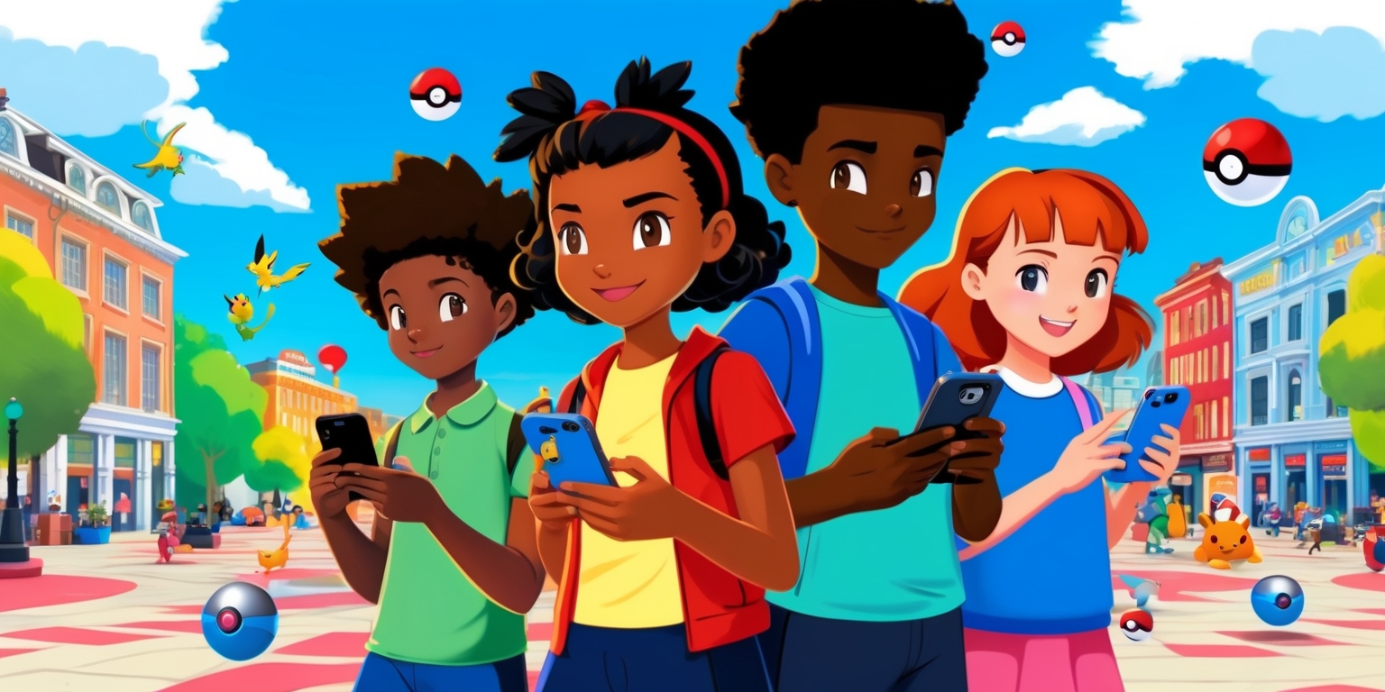 A vibrant, high-contrast illustration of the Pokémon Go game in action, set against a bright blue sky with fluffy white clouds, featuring a diverse group of four friends, two boys and two girls, aged 10-12, with varying skin tones, hairstyles, and facial expressions, all gazing intently at their smartphones as they catch Pokémon in a bustling city square, surrounded by colorful buildings, trees, and street furniture, with Poké Balls, PokéStops, and other in-game elements scattered throughout the scene, incorporating a mix of 2D and 3D visual styles, reminiscent of the game's distinctive UI and graphics, with bold, rounded lines, and a warm, inviting color palette that blends pastel hues with richer, deeper tones, capturing the sense of adventure, exploration, and social fun that defines the Pokémon Go experience.
