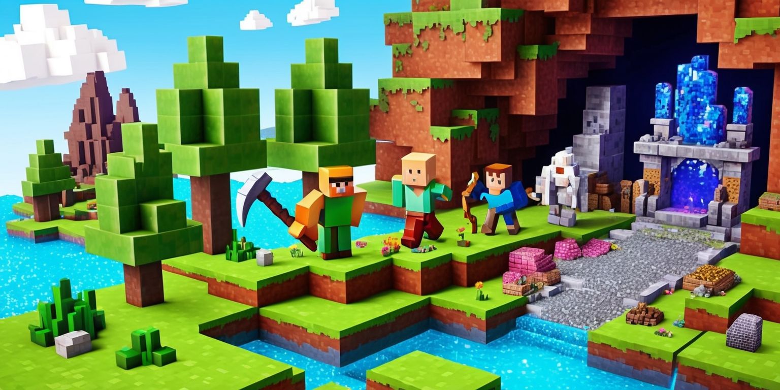 A vibrant and detailed digital artwork depicting the blocky world of Hytale, with lush green grass, towering trees, and sparkling blue water, set against a bright and cloudy sky with a few puffy white clouds, featuring a variety of Hytale's distinctive characters and creatures, including a humanoid figure with a pickaxe, exploring a cave filled with glittering minerals and ancient ruins, with intricate stone carvings and mysterious artifacts, all rendered in a colorful and stylized pixel art style, with bold lines, textured surfaces, and a mix of warm and cool colors, inviting the viewer to step into the immersive and imaginative world of Hytale.
