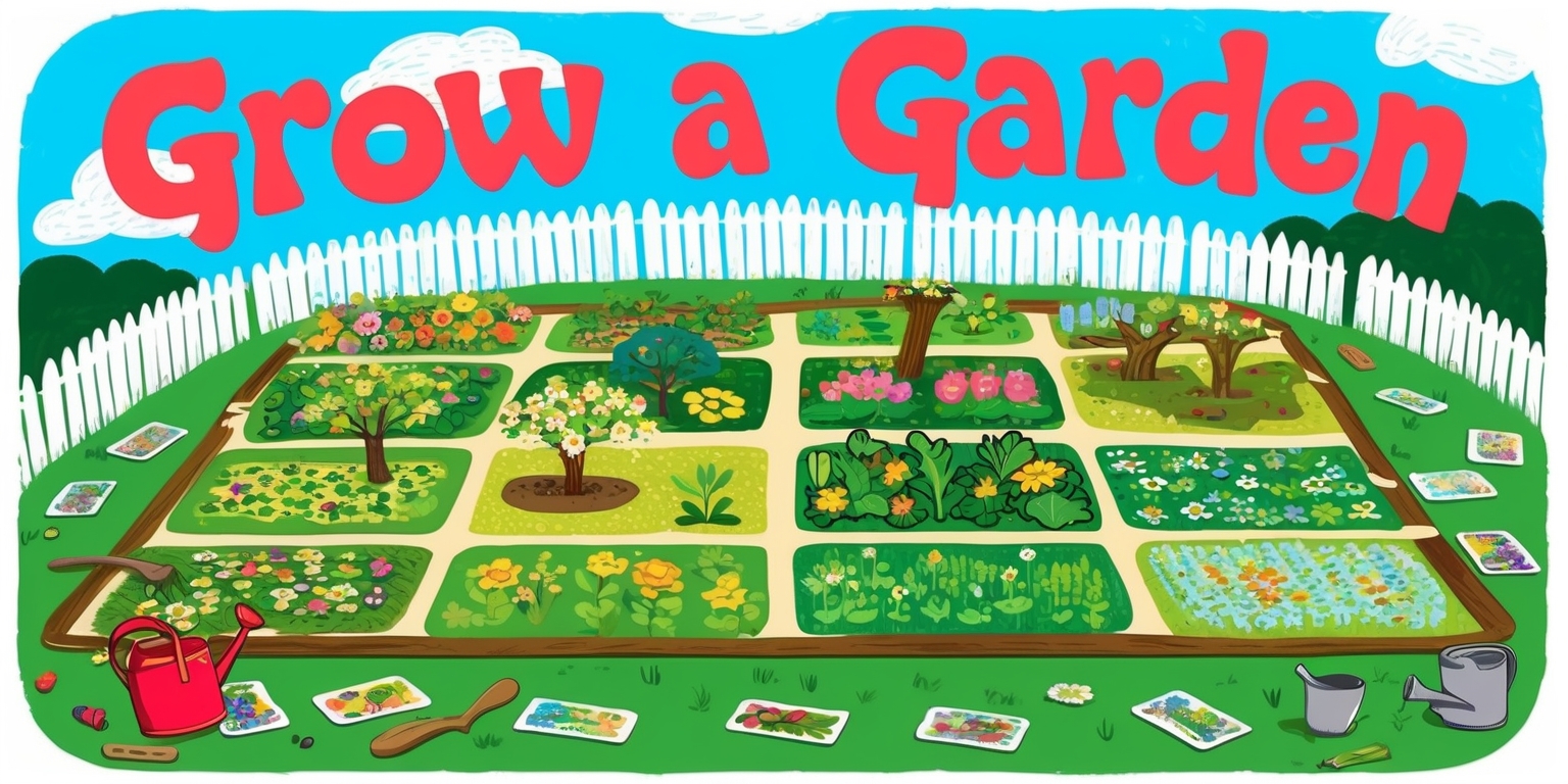 A vibrant and lively illustration of a game board for Grow a Garden, featuring a large green grassy field with various garden beds, each filled with different colorful flowers, trees, and vegetation, surrounded by a white picket fence, with a bright blue sky and fluffy white clouds in the background, the game pieces and cards are scattered around the board, with a few gardening tools and a watering can lying nearby, the overall style is whimsical and fantastical, with bold lines and textures, the colors are pastel and earthy, with shades of green, blue, yellow, and brown, the game title Grow a Garden is written in bold, curly letters across the top of the board in a bright, poppy pink color.