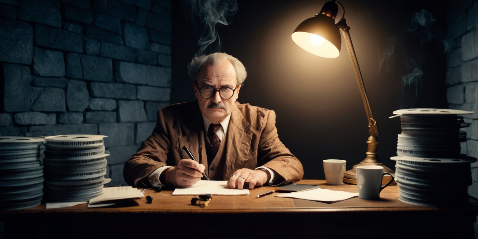 A cinematic scene depicting a bespectacled, middle-aged film critic, dressed in a crumpled brown suit, sitting in a dimly lit, smoke-filled room, surrounded by stacked film reels, scripts, and empty coffee cups, with a notepad and pen in hand, intensely scrutinizing the latest movie release, with a disapproving expression on his worn, pale skin, and a hint of skepticism in his piercing brown eyes, amidst the warm, golden glow of a single, flickering desk lamp, casting long shadows on the cluttered, worn, wooden desk and stone-gray walls, in a style reminiscent of 1940s film noir, with bold, striking shadows, and a touch of nostalgic, retro flair.