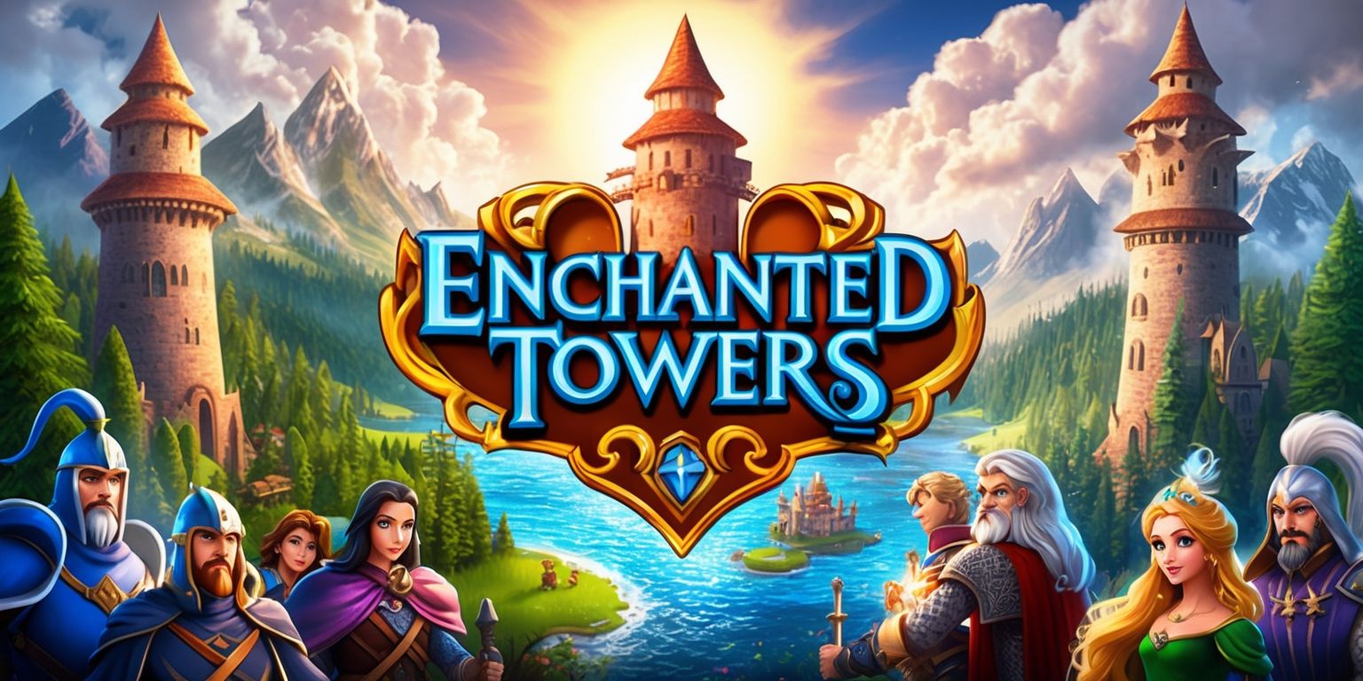 A mystical scene depicting the fantasy world of Enchanted Towers, a popular game, with intricate details and vibrant colors, showcasing medieval-inspired towers rising high into the sky, surrounded by lush green forests, sparkling blue waters, and majestic mountains, set against a warm, golden light, with perhaps a few characters from the game, such as brave knights, wise wizards, and beautiful princesses, each with unique facial features, skin colors, and attire, amidst the backdrop of a dramatic, atmospheric sky with fluffy white clouds and a bright, shining sun, incorporating the game's iconic logo, a stylized, golden crest with bold, blue letters and a regal, cursive font, blending fantasy and adventure elements in a captivating, dreamlike environment.