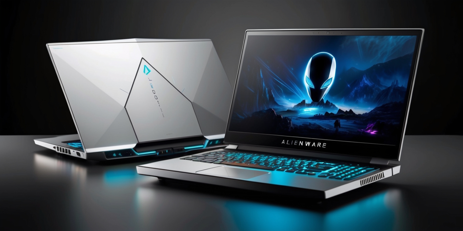 A sleek and powerful Alienware 16X Aurora gaming laptop with a metallic silver chassis and vibrant RGB lighting accents, situated on a dark gray background, with the laptop's lid open, revealing a 16-inch high-resolution display showcasing a futuristic gaming scene, the keyboard and touchpad illuminated in a neon blue glow, and the Alienware logo prominently displayed in bold, metallic lettering on the lid, with subtle shadows and reflections to emphasize the laptop's angular design and premium aesthetic.