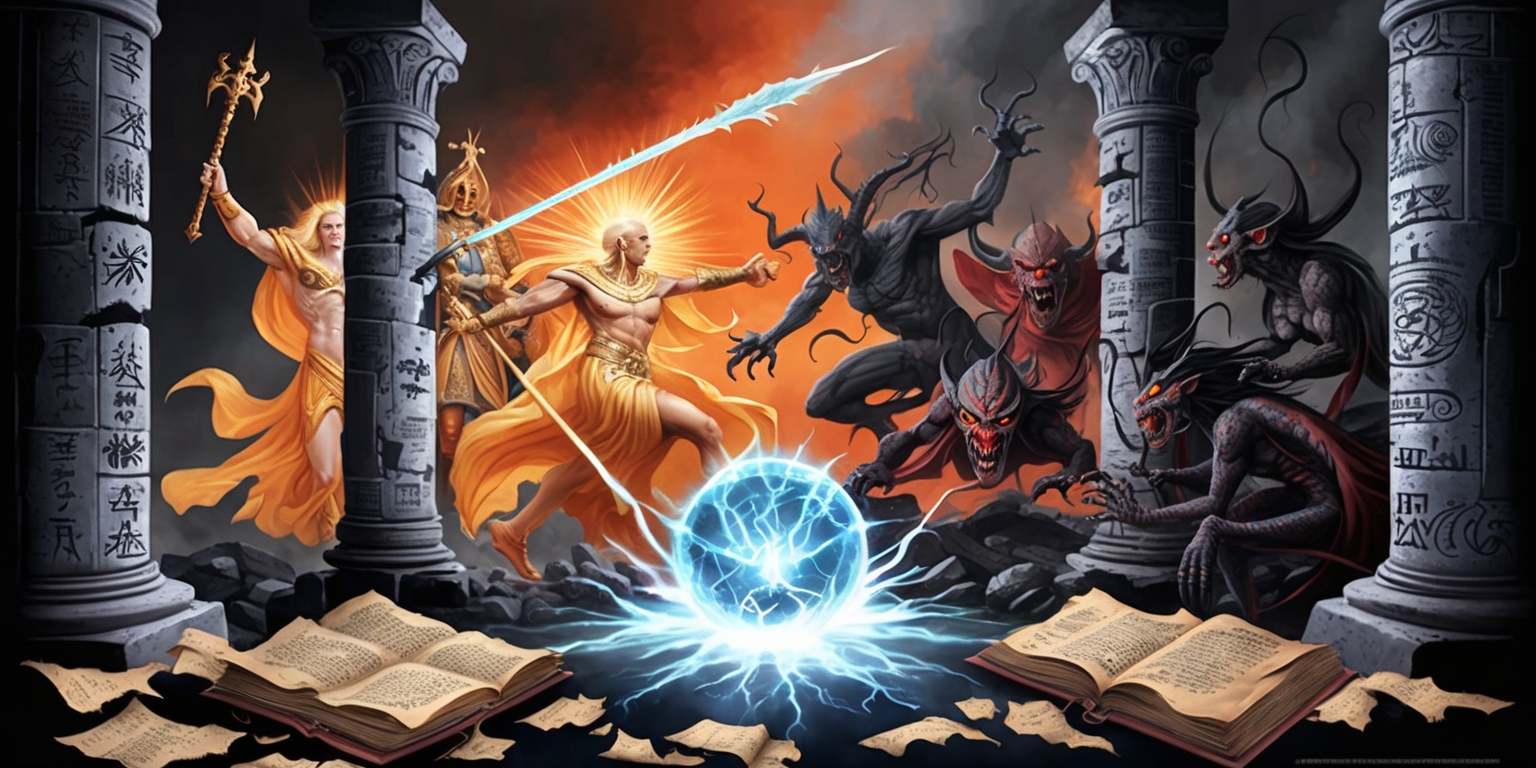 A dramatic, high-fantasy illustration depicting a clash between gods and demons, set against a dark, ominous background with hints of fiery orange and smoky grey. The gods, with radiant, glowing skin and flowing, ethereal robes, wield mighty weapons and channel powerful magic, while the demons, with twisted, nightmarish features and dark, scaly skin, summon forth dark energies and unleash unholy terror. The scene is framed by ancient, crumbling stone pillars, with intricate carvings of mystical runes and forbidden knowledge. In the foreground, a glowing, crystal orb pulsates with divine energy, surrounded by scattered, torn pages from an ancient tome, with cryptic text and forbidden spells. The overall style is reminiscent of classic, high-fantasy artwork, with bold lines, vibrant colors, and a sense of epic scope.