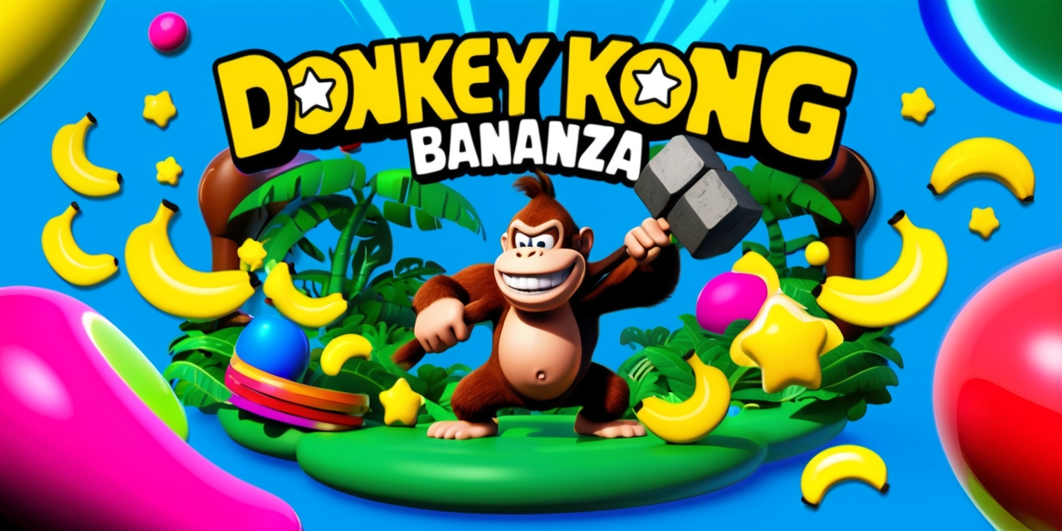 A vibrant and colorful illustration of the Donkey Kong Bananza game, set against a bright blue background with bold, rounded lines and exaggerated features, showcasing the iconic ape Donkey Kong in the center, wearing a big smile and wielding a giant hammer, surrounded by lush green jungle scenery and various colorful bananas, with bold, neon-lit bananas and stars scattered throughout the composition, and the game title Donkey Kong Bananza emblazoned across the top in bold, 3D-style yellow lettering with a subtle gradient effect, complete with subtle animations and visual effects to convey energy and excitement.