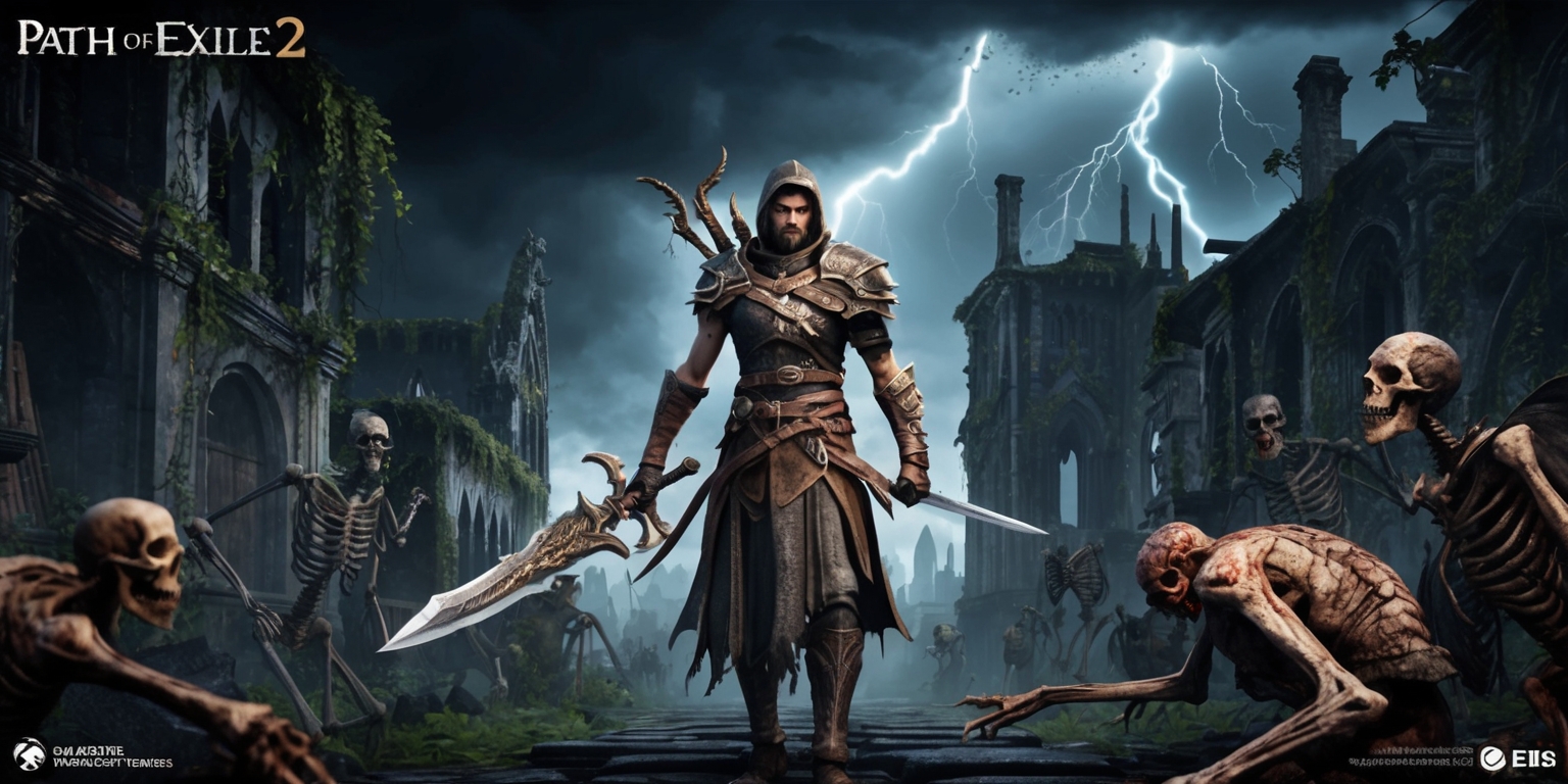 A dark fantasy action RPG scene depicting a dramatic moment from Path of Exile 2, set in a gothic, ruined cityscape with crumbling buildings, overgrown with vines and moss, under a dark, ominous stormy sky with lightning illuminating the clouds, highlighting the game's dark and gritty atmosphere, with a lone exile, a powerful and mysterious warrior, standing at the forefront, clad in worn leather and ornate armor, with intricately designed sword and shield, showcasing the game's focus on character customization and deep combat mechanics, surrounded by skeletal undead and twisted, nightmarish creatures, with faint glimpses of ancient, mystical ruins and mysterious artifacts in the background, hinting at the game's rich narrative and lore.