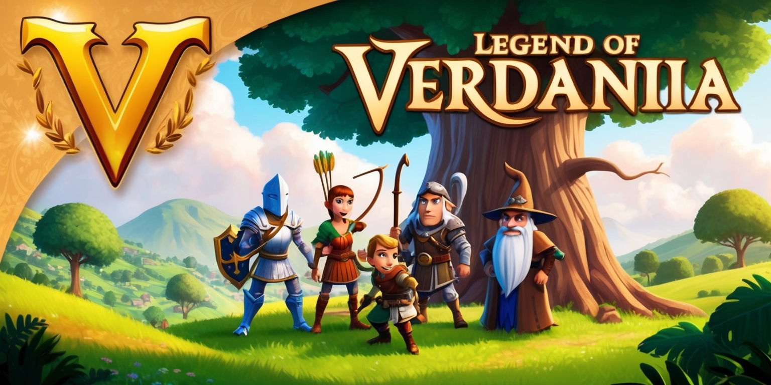 A vibrant fantasy scene depicting the realm of Verdania, with rolling green hills and towering trees, set against a warm, sunny backdrop with fluffy white clouds, featuring a group of adventurers, including a brave knight with a strong jawline and piercing blue eyes, a skilled archer with a quiver full of arrows and a mischievous grin, and a wise wizard with a long white beard and spectacles, all gathered around a large, ancient tree, with the game's logo, a stylized, golden letter V, prominently displayed in the top left corner, in a medieval-inspired, storybook style, with bold lines, intricate details, and a rich color palette, conveying a sense of wonder, excitement, and mythical adventure, with the game's title, Legend of Verdania, written in a bold, curly font, with golden lettering and a subtle, shimmering effect, across the top of the image.