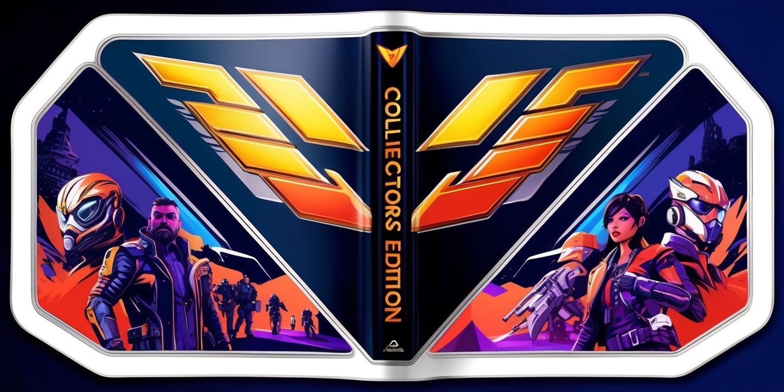 A detailed illustration of a Collector’s Edition video game, featuring a vibrant game case with a V-shaped layout, showcasing a dominant game title in bold, golden font, with a silver trim, set against a dark blue background, surrounded by characters and scenery from the game in a futuristic, high-contrast art style, with the game's logo, a stylized silver emblem with sharp edges, positioned prominently at the top, and the tagline in a curved line above the title, in a modern, cursive font, with a bright, eye-catching color scheme, including shades of orange, red, and purple, and the collector's edition label in a sleek, metallic font, at the bottom of the case.