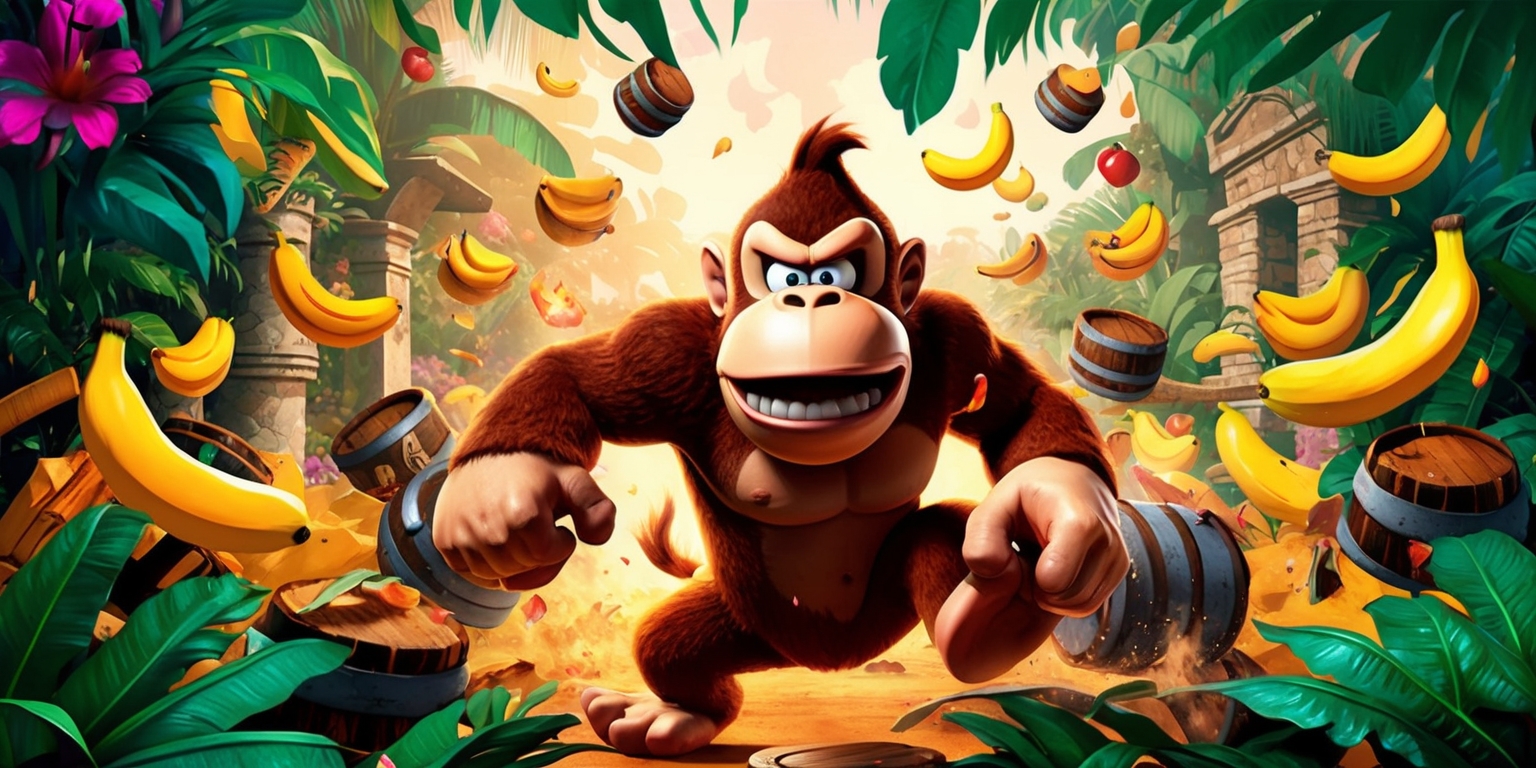 A vibrant and colorful illustration of the iconic Donkey Kong characters in a chaotic and lively scene, with Donkey Kong at the center, surrounded by bananas, barrels, and other elements from the game, set against a warm and dynamic jungle backdrop with lush green foliage, exotic flowers, and ancient ruins, featuring a mix of bright and muted colors, bold lines, and playful textures, with a focus on capturing the energetic and adventurous spirit of the game, and incorporating subtle shading and lighting effects to add depth and visual interest, with Donkey Kong's facial features prominently displayed, showcasing his fierce and determined expression, and his shaggy brown fur, while the bananas and other objects are rendered in a stylized and exaggerated manner, emphasizing their importance in the game's universe.