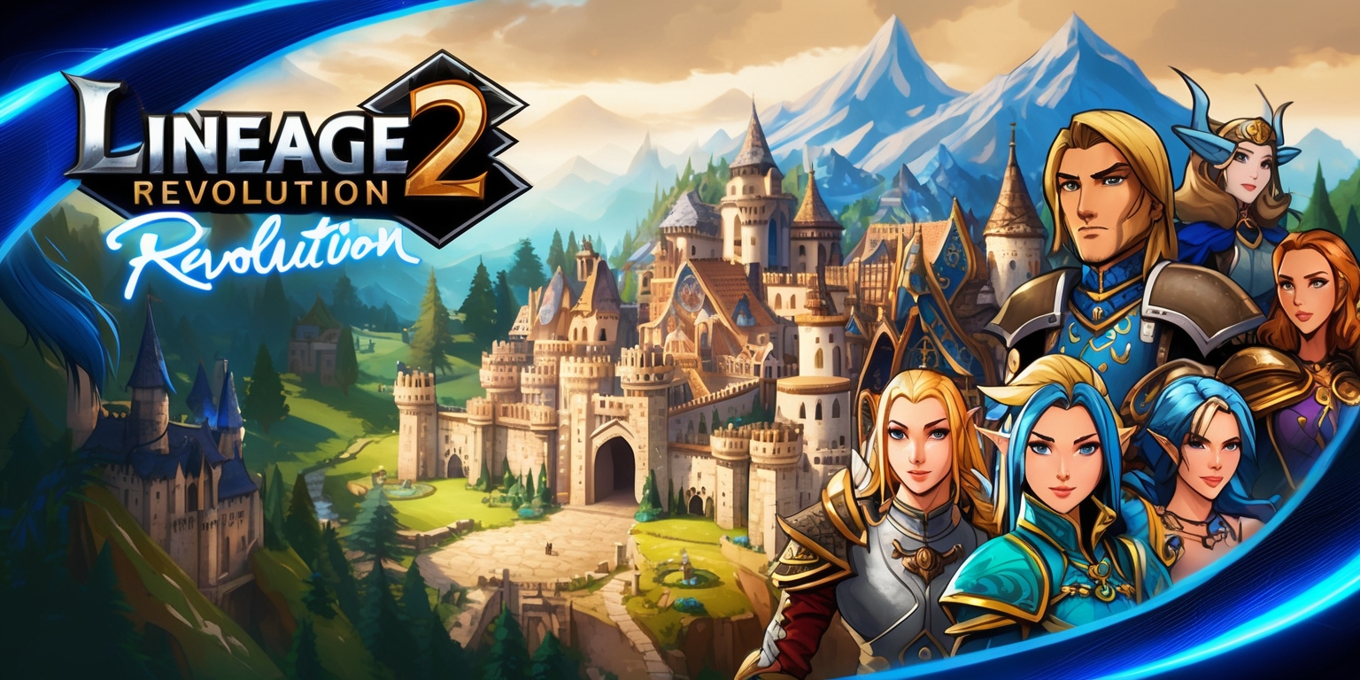 A vibrant and detailed illustration of the Lineage 2 Revolution mobile game, showcasing a medieval-inspired fantasy world with intricate architecture, lush forests, and majestic mountains, set against a warm and inviting color palette with shades of blue, green, and gold, featuring a variety of characters with unique facial features, skin tones, and elaborate costumes, including knights, elves, and mages, with stylized textures, lighting effects, and dynamic shadows, and incorporating the game's logo, a bold and modern font with metallic accents, in the top left corner of the image, with the tagline written in a curved line above the logo, in a cursive script with a glowing blue hue.