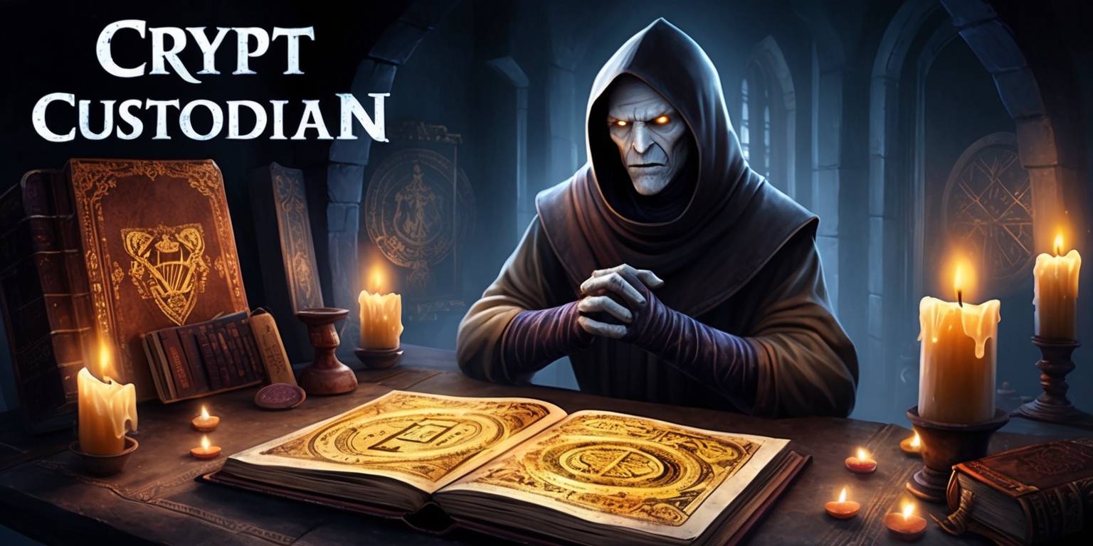 A dimly lit, medieval-inspired chamber filled with ancient artifacts and mysterious relics, a hooded figure with piercing eyes and pale skin sits at a worn, wooden desk, surrounded by flickering candles and dusty tomes, with a large, leather-bound book lying open, revealing intricate, golden illustrations of cryptic symbols and forgotten knowledge, the figure's hands are clasped together in contemplation, as they ponder the secrets of the ancient game, with a subtle, eerie glow emanating from the pages, illuminating the custodian's determined facial expression, set against a dark, muted background with shades of indigo and purple, with the game's title, Crypt Custodian, etched in bold, gothic letters, in a faded, silver color, at the top of the image.