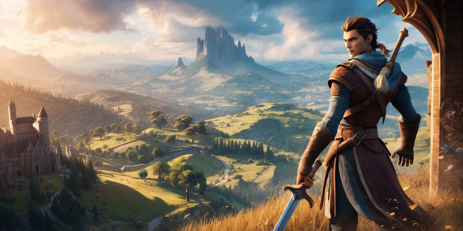 A vast open world with intricate details and lush environments, set in a fantasy realm with medieval-inspired architecture, featuring a heroic figure with striking facial features, athletic build, and unique attire, standing at the edge of a cliff overlooking a sprawling landscape with rolling hills, towering mountains, and mystical forests, with a sword at their side and a determined gaze, surrounded by subtle hints of magic and mystical energies, amidst a warm color palette with shades of golden sunlight, deep blues, and earthy tones, blending action, adventure, and role-playing elements, with a dynamic layout and a sweeping perspective that draws the viewer into the expansive world of the action role-playing game.