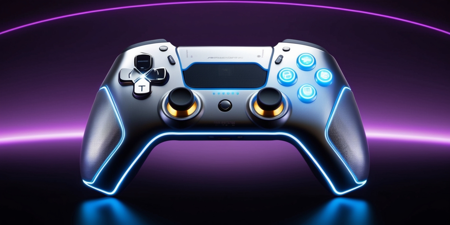 A futuristic gaming controller with a sleek, ergonomic design, featuring a metallic silver body with neon blue accents and glowing white rings around the thumbsticks, set against a dark, gradient purple background that evokes a sense of high-tech innovation, with the controller's curves and lines subtly lit to accentuate its cutting-edge features, and a series of tiny, shimmering LED lights tracing the controller's edges, giving it a dynamic, otherworldly glow.