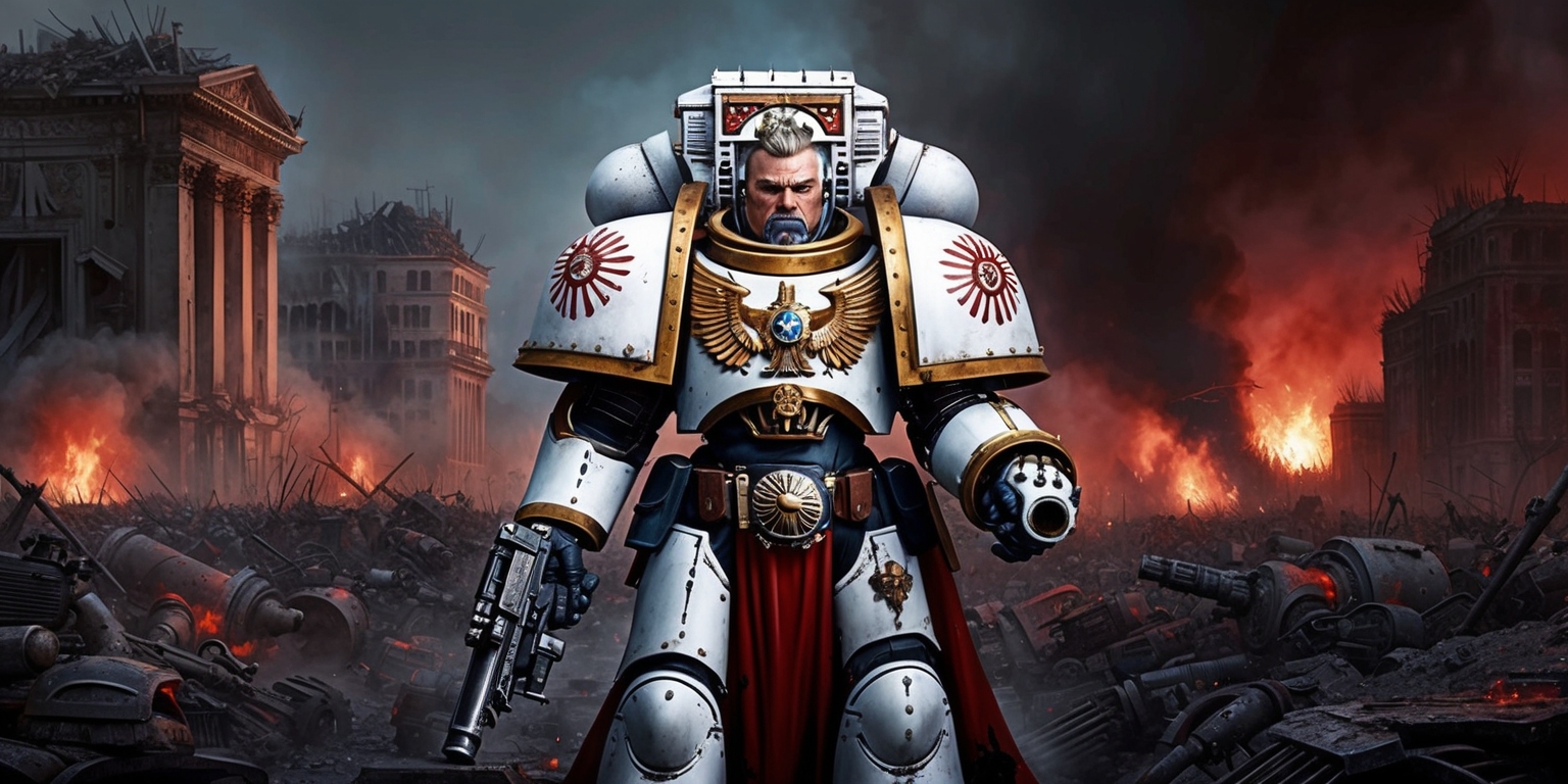 A majestic Space Marine from the Warhammer 40,000 universe stands proudly in the center of the frame, clad in imposing power armor adorned with intricate aquilas and Imperial icons, with a backdrop of a ravaged, war-torn cityscape, its buildings crumbling amidst a sea of ash and debris, the sky choked with smoke and flames, illuminated by the eerie glow of distant explosions, the overall color palette a mix of metallic silvers, golds, and deep reds, with the Space Marine's armor a gleaming white, his face stern and resolute, his eyes a piercing blue, his helmet adorned with a laurel wreath, his iconic bolter at the ready, with subtle wisps of smoke curling from the barrel, the overall atmosphere one of gritty, grimdark intensity, evoking a sense of heroism and duty in the face of overwhelming odds.