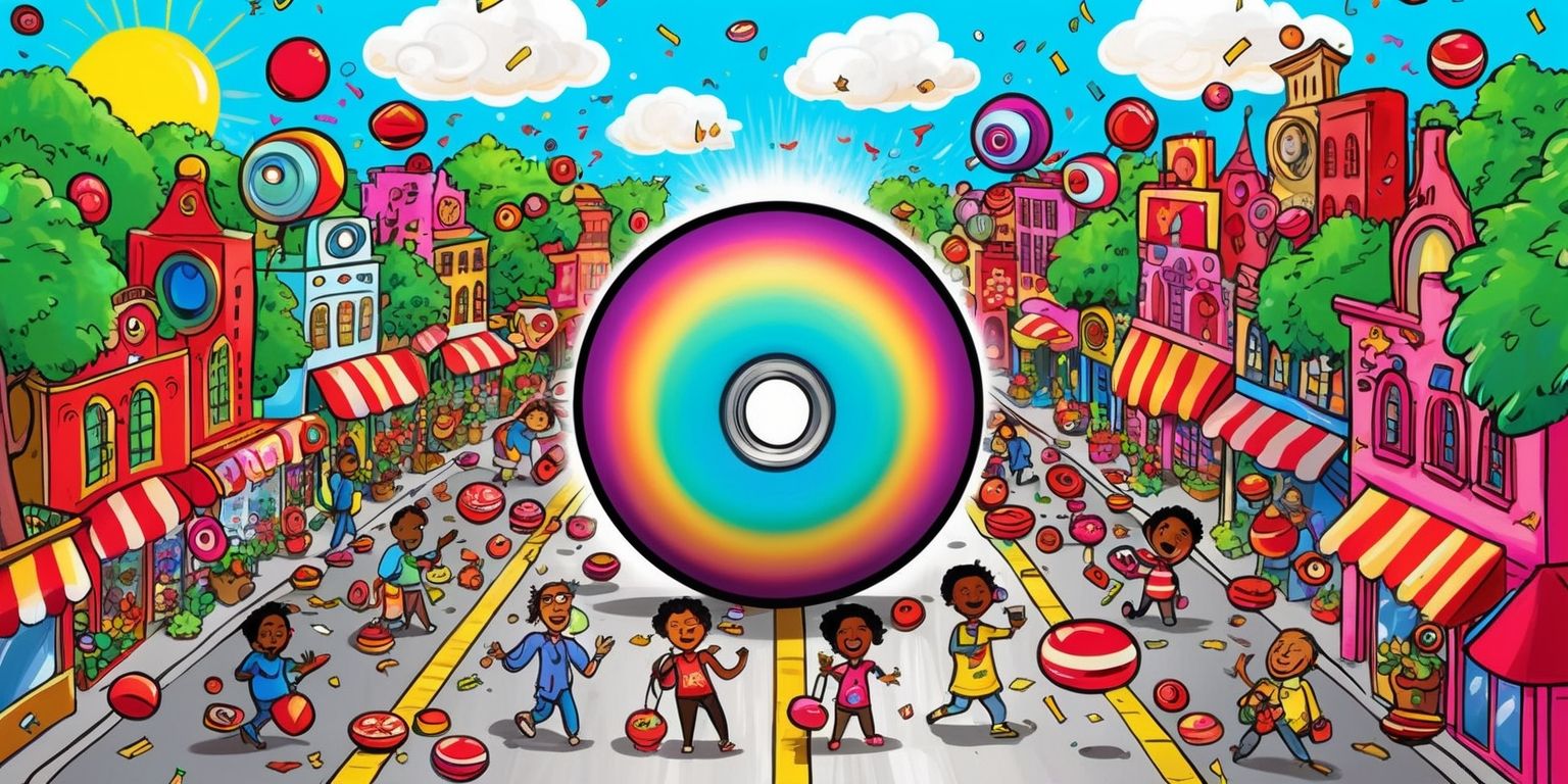 A vibrant and colorful illustration of a bustling town filled with yo-yos, featuring a variety of yo-yo shaped buildings, streets, and landmarks, with people of different skin colors and unique facial features, such as bright smiles and excited expressions, walking and playing with yo-yos, surrounded by lush green trees and fluffy white clouds, with a bright blue sky and a warm sunny glow, incorporating a mix of digital and hand-drawn styles, with bold lines and textures, and a dynamic layout that showcases the town's energy and joy, including a large yo-yo in the center, with a subtle gradient effect and a metallic sheen, and a sprinkle of stars and confetti throughout the scene, capturing the whimsical and playful essence of a yo-yo themed town.